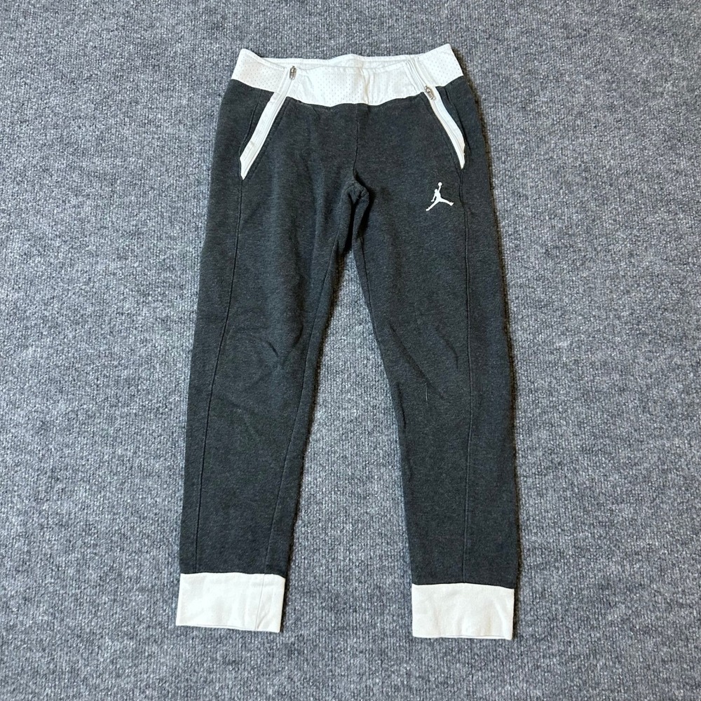Jordan Joggers Boys Size S Charcoal Gray White Zipper Pockets Fleece Sweatpants